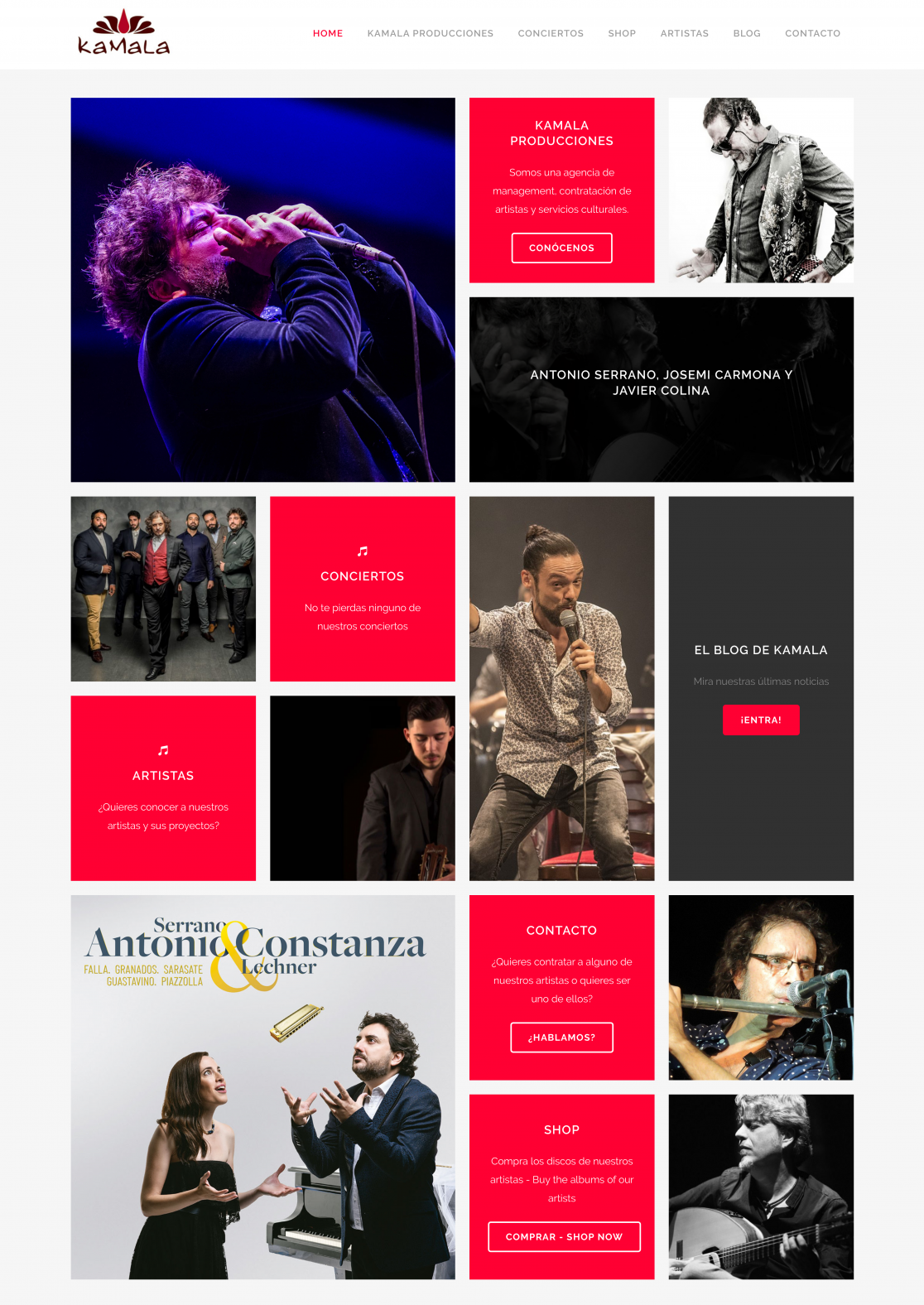 Home con acceso a todas las secciones web en estilo masonry
